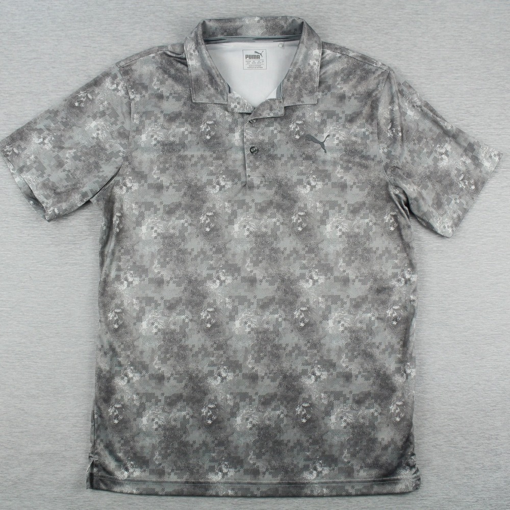 Puma Pwrcool Polo Shirt Mens Size M Gray Digital Camo Polyester Short Sleeve